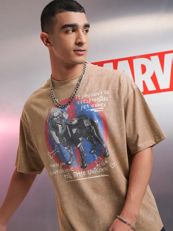 Marvel By Highlander Men Brown Dogpool Printed Oversized Fit T-Shirt