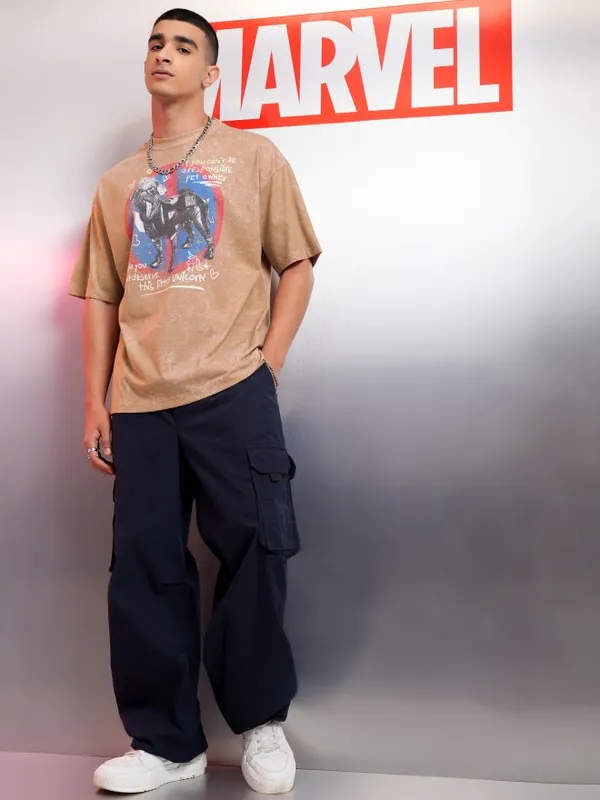 Marvel By Highlander Men Brown Dogpool Printed Oversized Fit T-Shirt