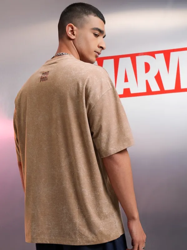 Marvel By Highlander Men Brown Dogpool Printed Oversized Fit T-Shirt