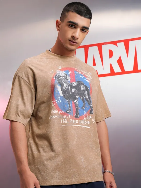 Marvel By Highlander Men Brown Dogpool Printed Oversized Fit T-Shirt