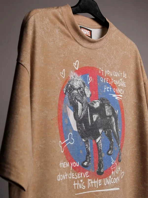 Marvel By Highlander Men Brown Dogpool Printed Oversized Fit T-Shirt