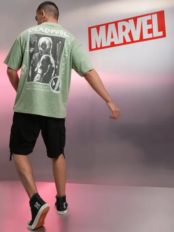 Marvel By Highlander Men Green Deadpool Printed Round Neck Oversized Fit T-Shirt