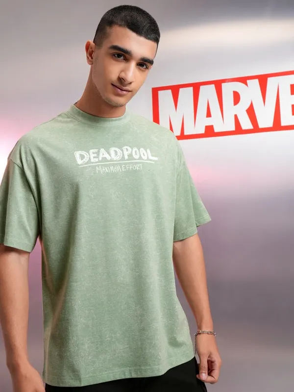 Marvel By Highlander Men Green Deadpool Printed Round Neck Oversized Fit T-Shirt