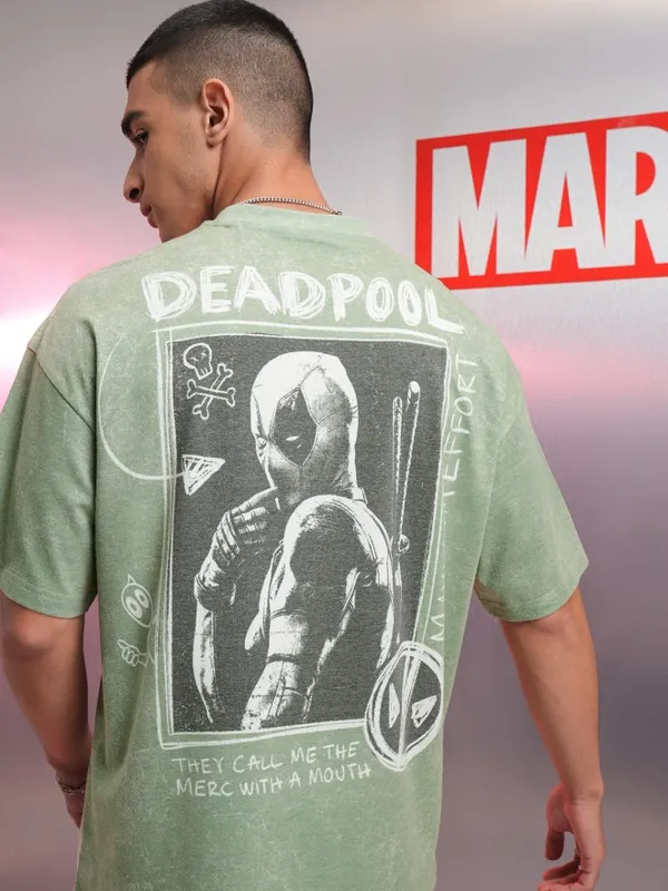 Marvel By Highlander Men Green Deadpool Printed Oversized Fit T-Shirt
