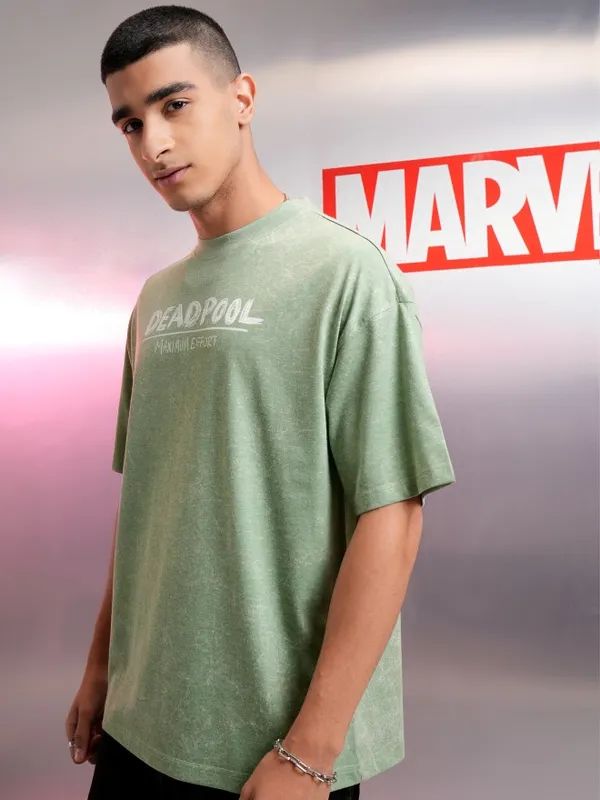 Marvel By Highlander Men Green Deadpool Printed Oversized Fit T-Shirt