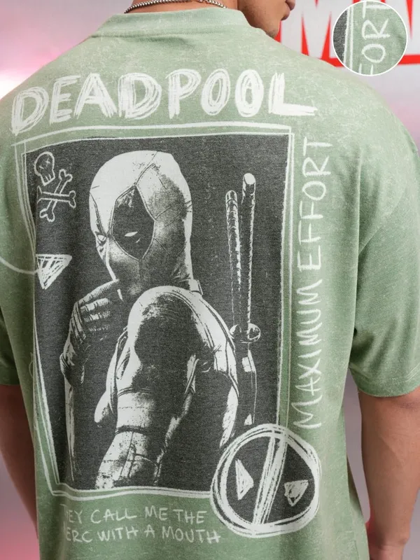 Marvel By Highlander Men Green Deadpool Printed Oversized Fit T-Shirt