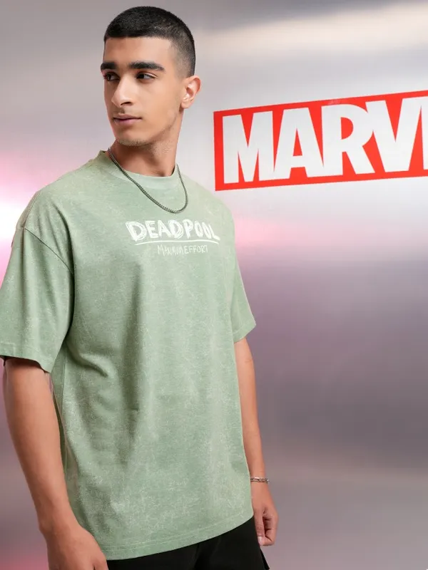 Marvel By Highlander Men Green Deadpool Printed Oversized Fit T-Shirt