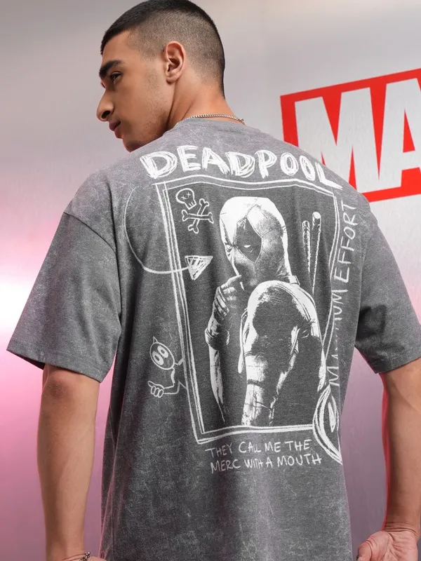 Marvel By Highlander Men Charcoal Deadpool Printed Oversized Fit T-Shirt