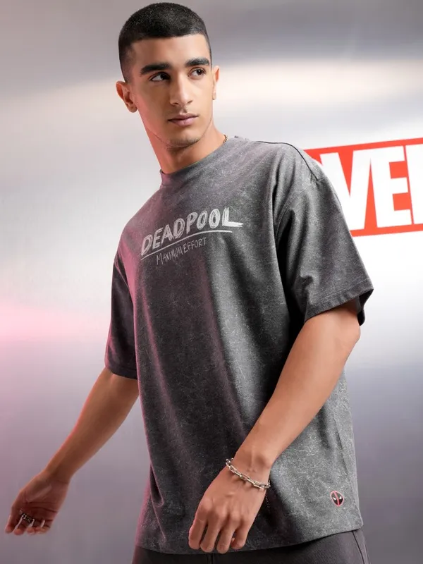Marvel By Highlander Men Charcoal Deadpool Printed Oversized Fit T-Shirt
