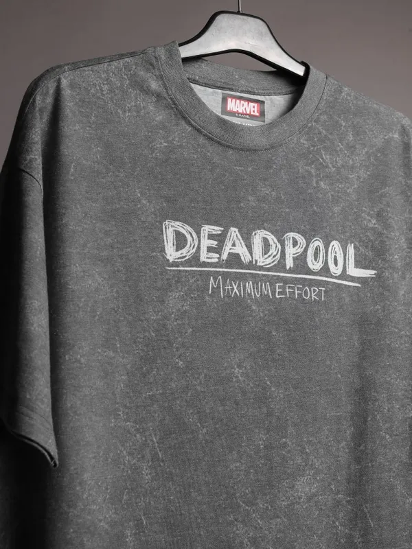 Marvel By Highlander Men Charcoal Deadpool Printed Oversized Fit T-Shirt