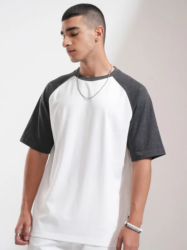 Highlander Men White Colourblocked Oversized Fit T-Shirt