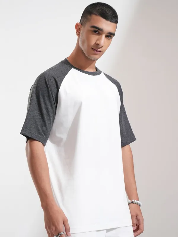 Highlander Men White Colourblocked Oversized Fit T-Shirt