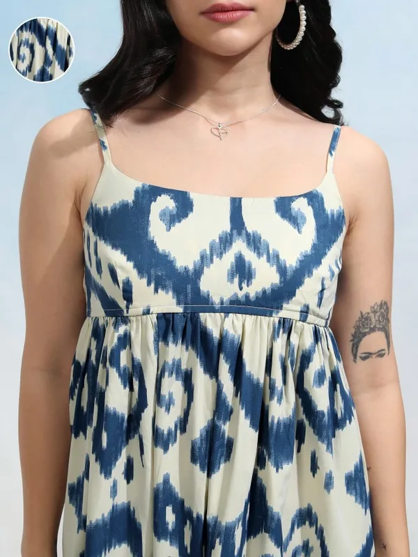 Tokyo Talkies Women Blue Printed Fit and Flare Dress
