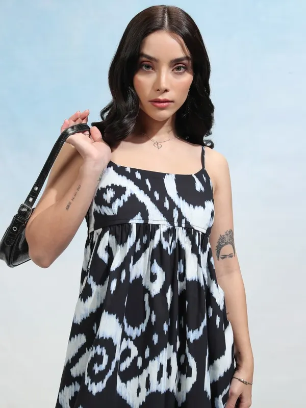 Tokyo Talkies Women Black Printed Fit and Flare Dress
