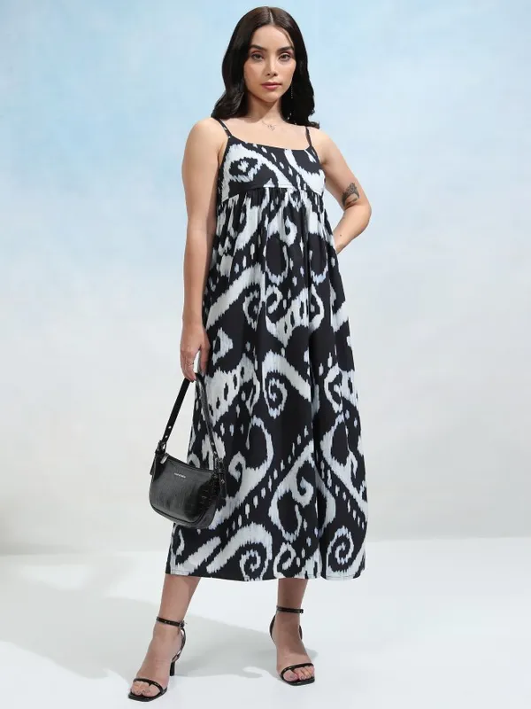 Tokyo Talkies Women Black Printed Fit and Flare Dress