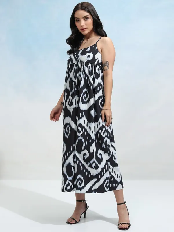Tokyo Talkies Women Black Printed Fit and Flare Dress