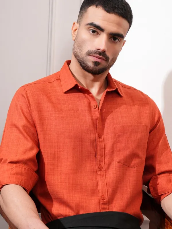 Locomotive Men Rust Textured Slim Fit Casual Shirt