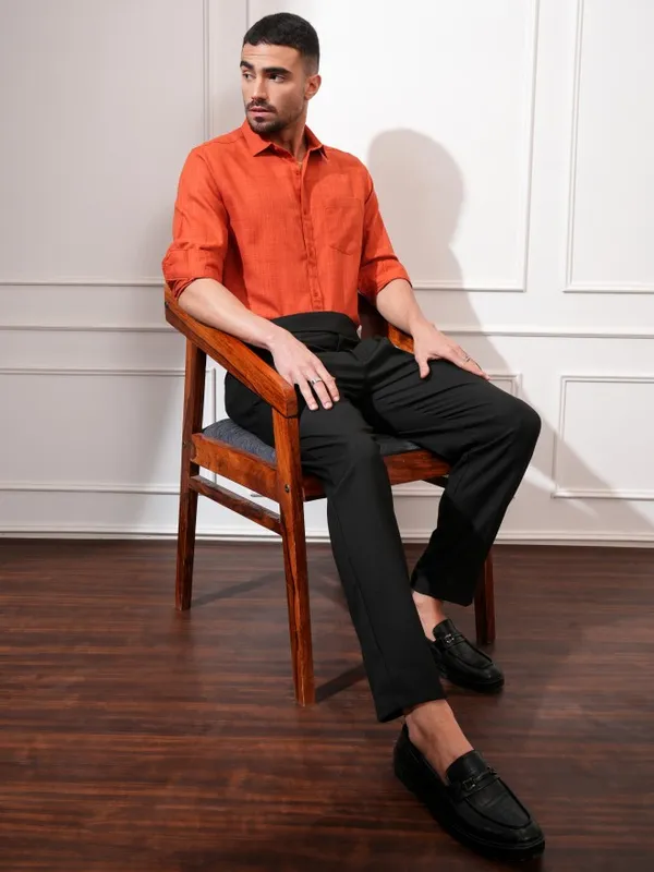 Locomotive Men Rust Textured Slim Fit Casual Shirt