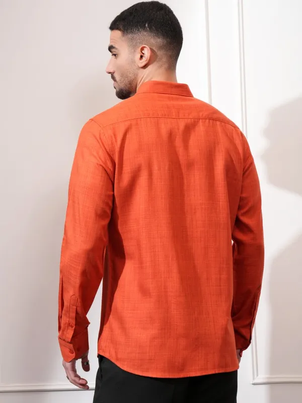 Locomotive Men Rust Textured Slim Fit Casual Shirt