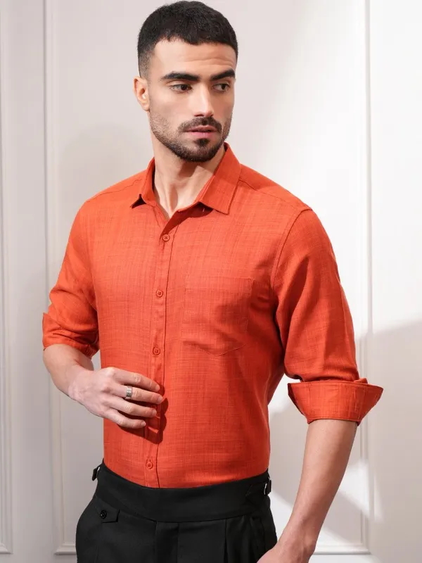 Locomotive Men Rust Textured Slim Fit Casual Shirt