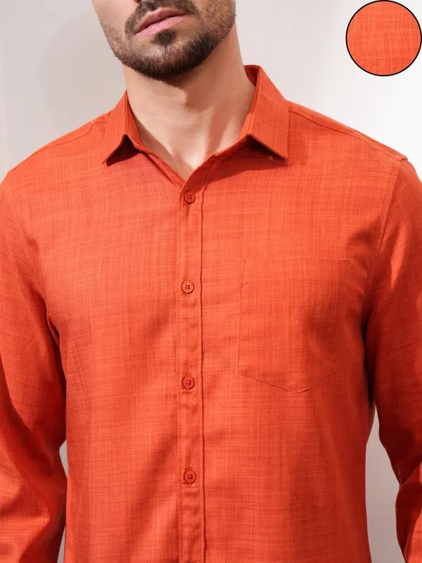 Locomotive Men Rust Textured Slim Fit Casual Shirt