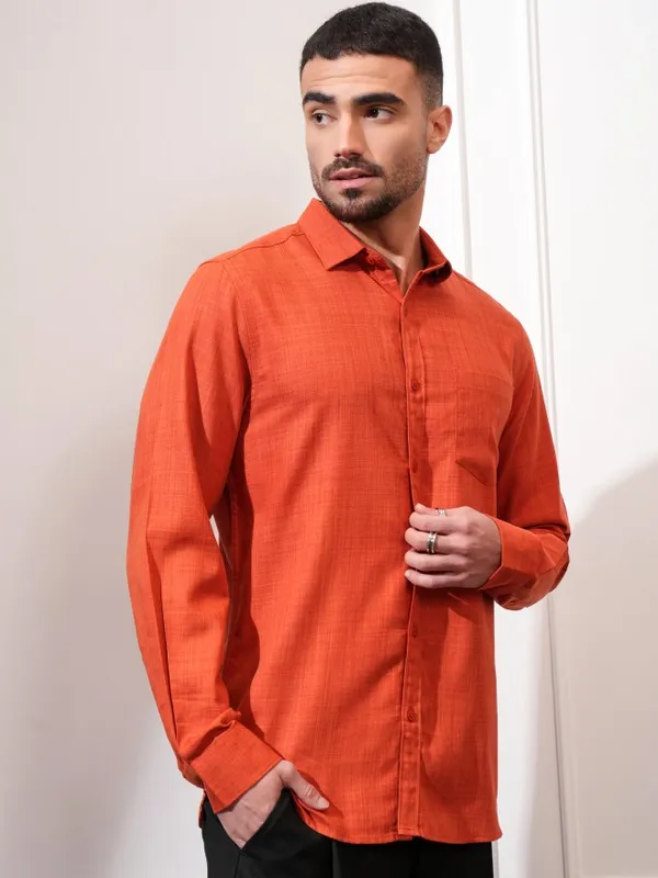 Locomotive Men Rust Textured Slim Fit Casual Shirt