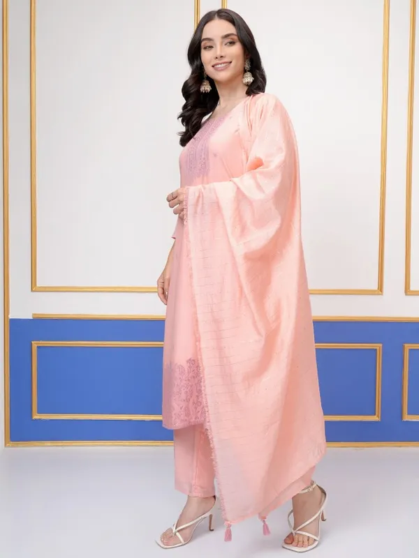 Vishudh Women Pink Printed Kurta With Trousers And Dupatta