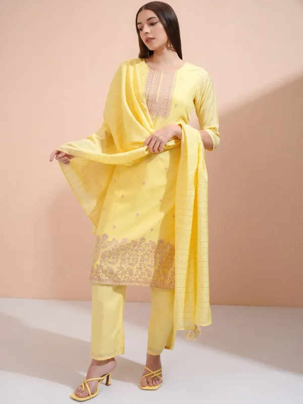 Vishudh Women Yellow Printed Kurta With Trousers And Dupatta