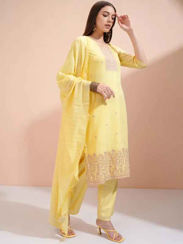 Vishudh Women Yellow Printed Kurta With Trousers And Dupatta