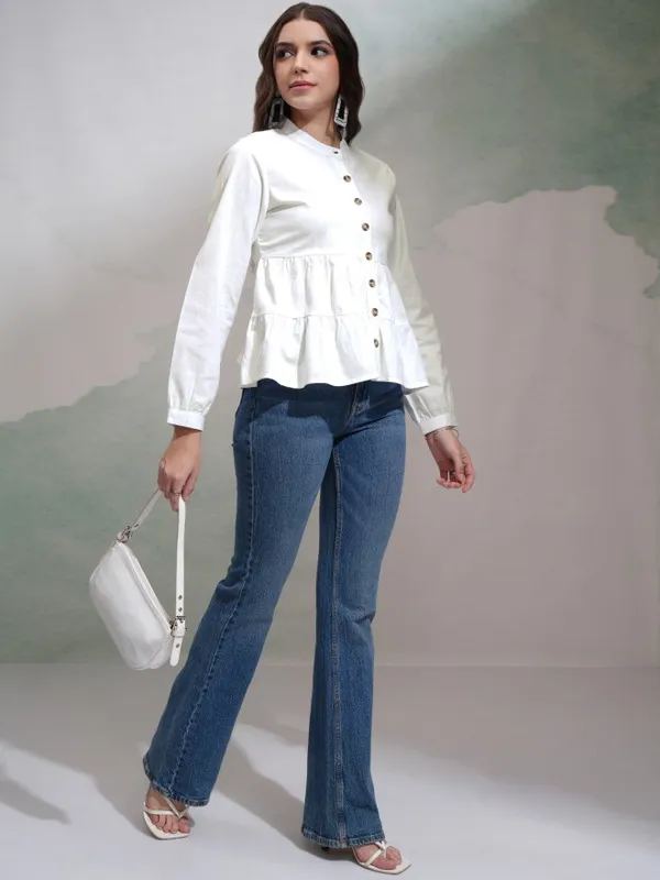 Tokyo Talkies Women White Solid Fitted Top