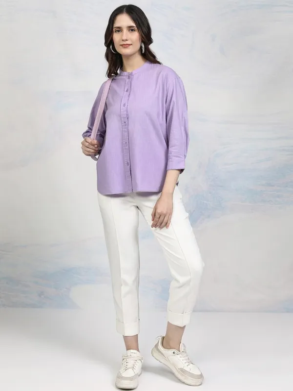 Tokyo Talkies Women Purple Solid Shirt Style Top