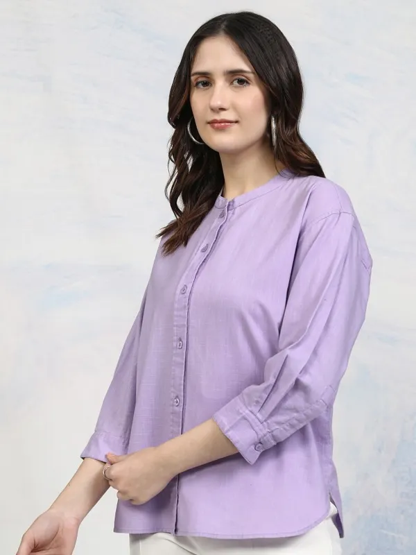 Tokyo Talkies Women Purple Solid Shirt Style Top