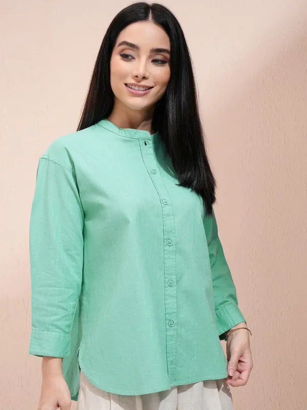 Tokyo Talkies Women Green Solid Shirt Style Top