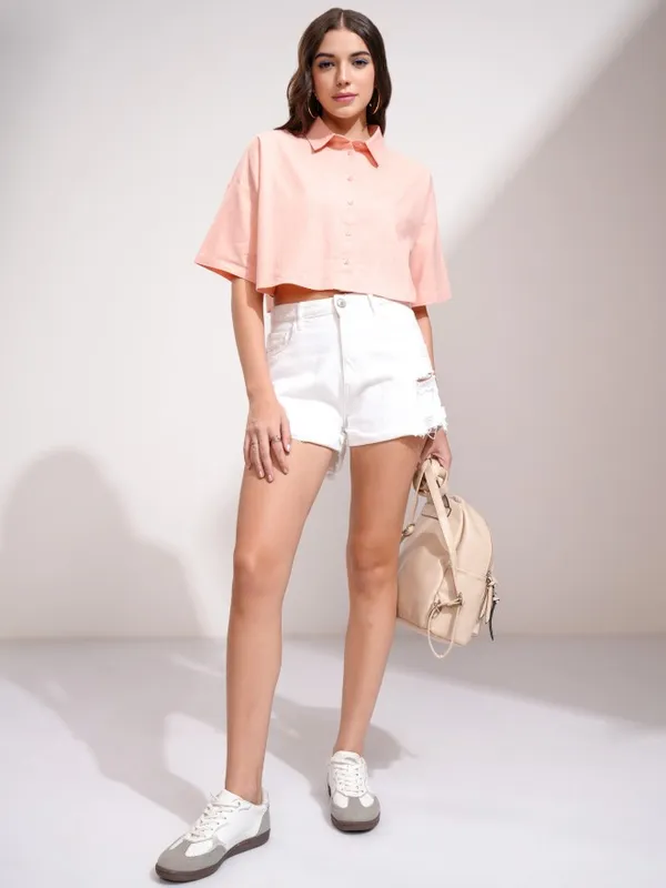 Tokyo Talkies Women Peach Solid Boxy Fit Casual Shirt