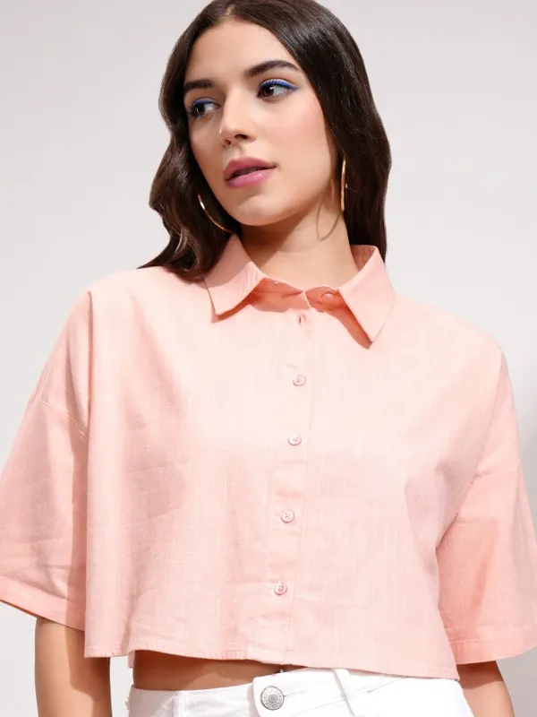 Tokyo Talkies Women Peach Solid Boxy Fit Casual Shirt