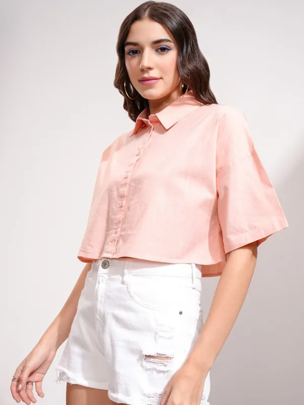 Tokyo Talkies Women Peach Solid Boxy Fit Casual Shirt