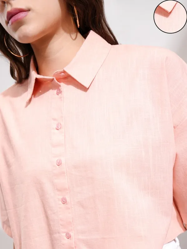 Tokyo Talkies Women Peach Solid Boxy Fit Casual Shirt