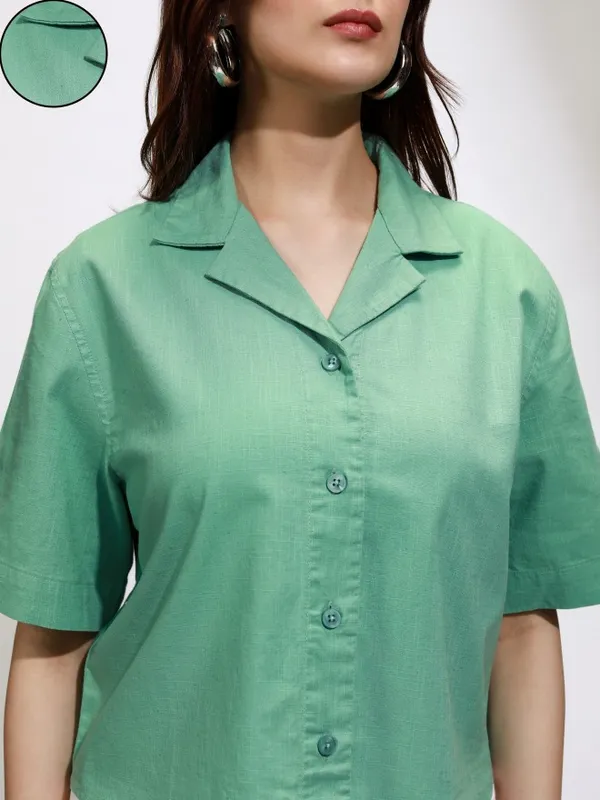 Tokyo Talkies Women Green Solid Regular Fit Casual Shirt