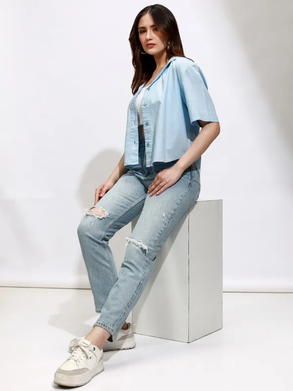 Tokyo Talkies Women Blue Solid Regular Fit Casual Shirt