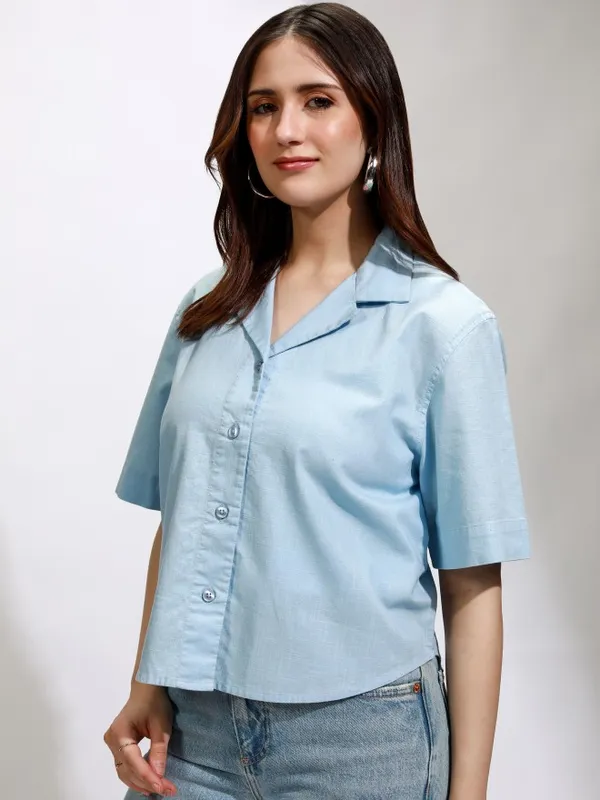 Tokyo Talkies Women Blue Solid Regular Fit Casual Shirt