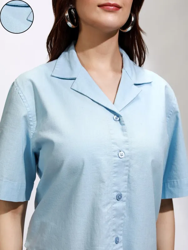 Tokyo Talkies Women Blue Solid Regular Fit Casual Shirt