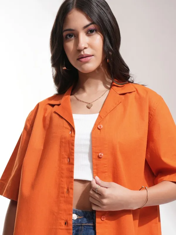 Tokyo Talkies Women Rust Solid Regular Fit Casual Shirt