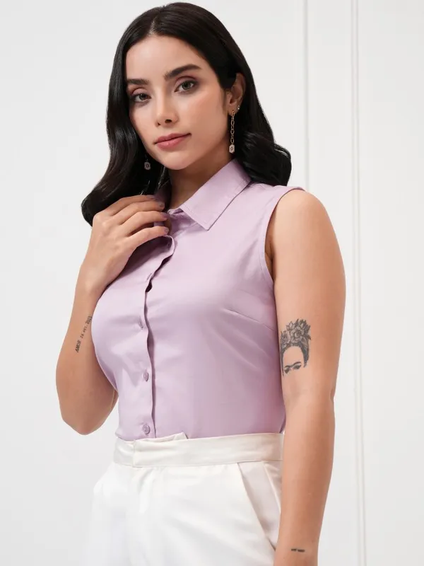 Tokyo Talkies Women Purple Solid Sleeveless Casual Shirt