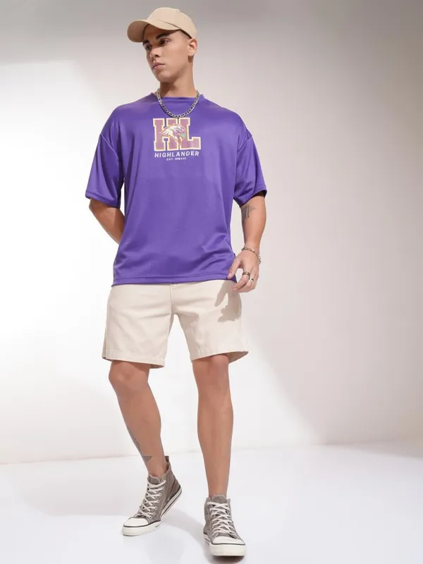 Highlander Men Purple Printed Round Neck Oversized Fit T-Shirt
