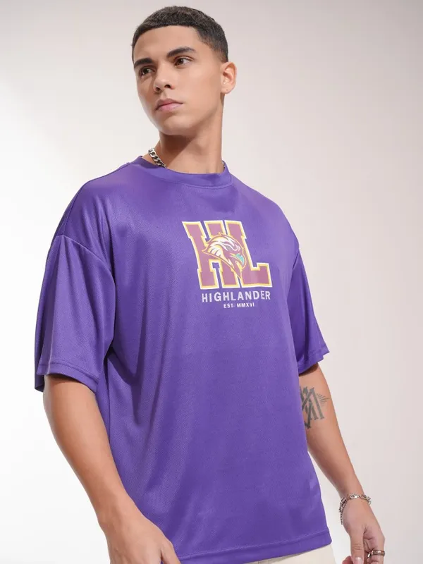 Highlander Men Purple Printed Round Neck Oversized Fit T-Shirt