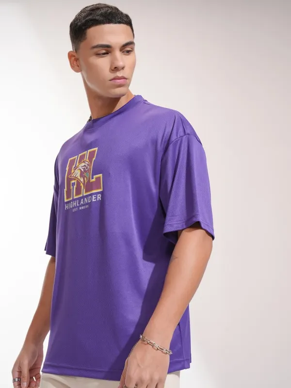 Highlander Men Purple Printed Round Neck Oversized Fit T-Shirt