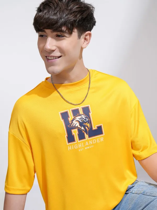 Highlander Men Yellow Printed Round Neck Oversized Fit T-Shirt