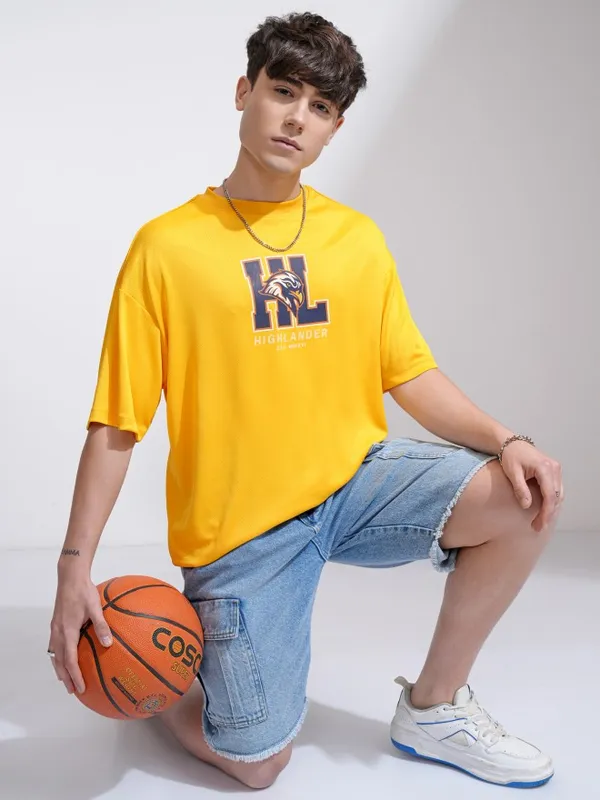 Highlander Men Yellow Printed Round Neck Oversized Fit T-Shirt