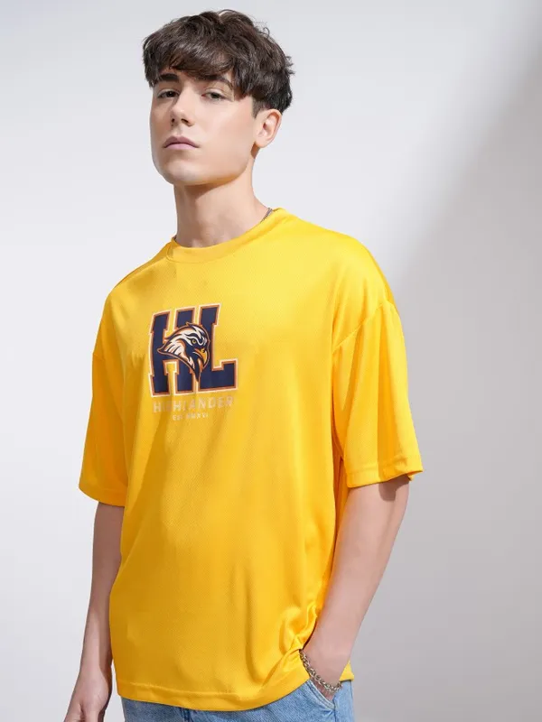 Highlander Men Yellow Printed Round Neck Oversized Fit T-Shirt