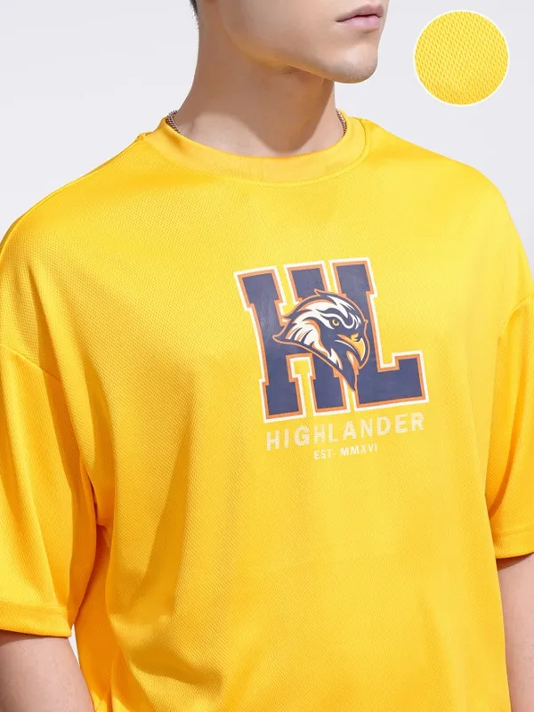 Highlander Men Yellow Printed Round Neck Oversized Fit T-Shirt